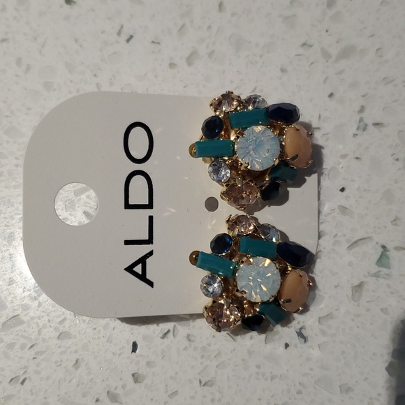 Clustered gems earrings with turquoise, coral, navy, champagne and clear gems - Picture 1 of 2